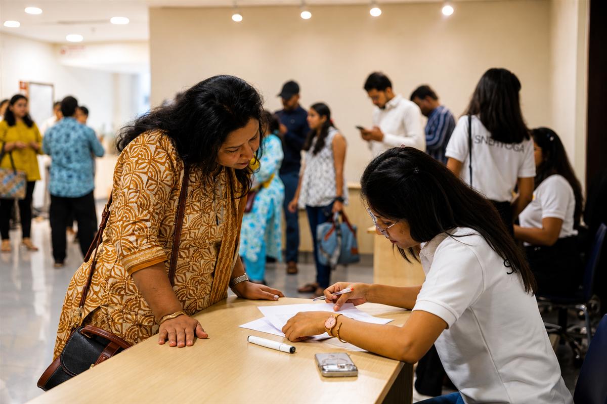 A participant completing registration with the Snehyoga event team