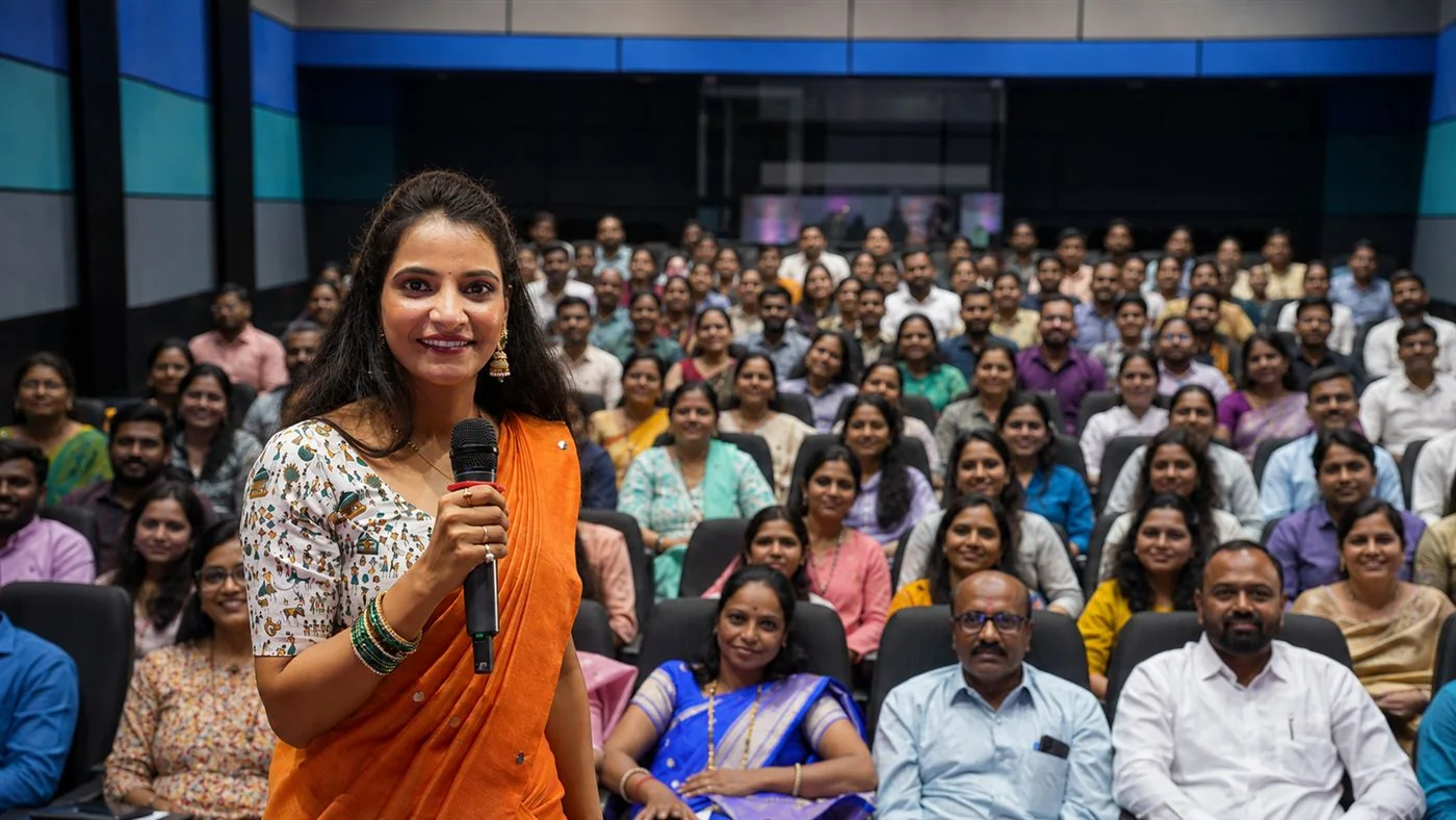 Snehal with participants at a previous Snehyoga offline event